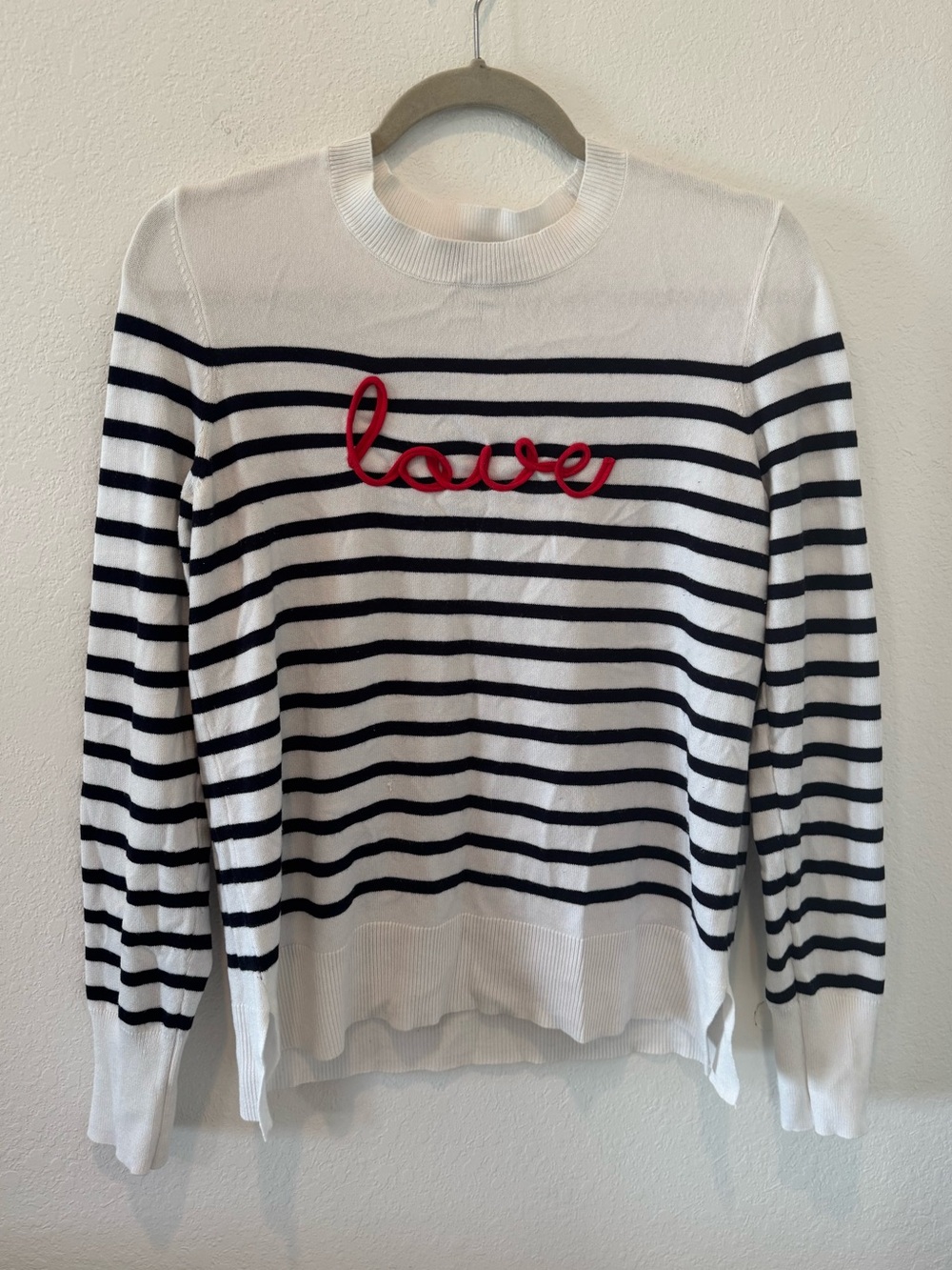Marled White & Black Striped Crewneck Sweater with Red "love" Script